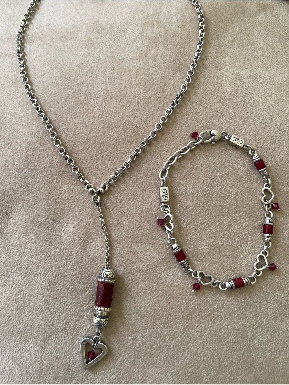 Brighton Silver Plated Y Necklace & Bracelet Set Red Crystal Leather Accents